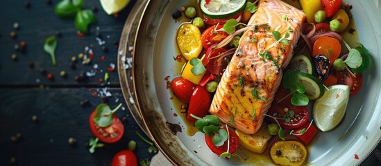 Salmon dish with fresh vegetables drizzled in olive oil perfect for food photography with copy space image