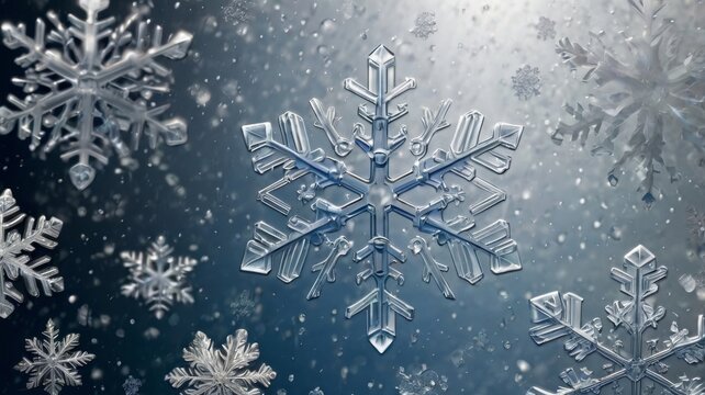 Beautiful snowflakes falling gently against a shimmering blue background, evoking a serene winter atmosphere.