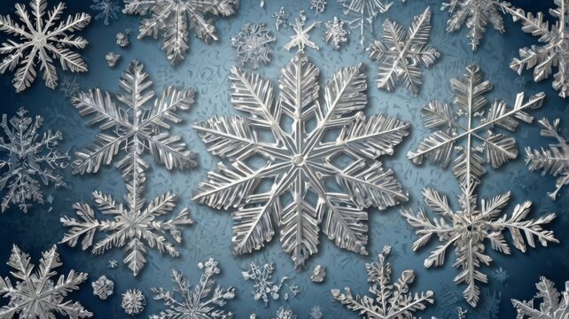 A stunning collection of intricately designed snowflakes with a soft blue background, evoking a serene winter atmosphere.