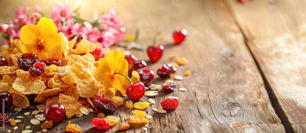 Poster cornflakes with various toppings like flowers caramel cherries raisins and dried fruits displayed on