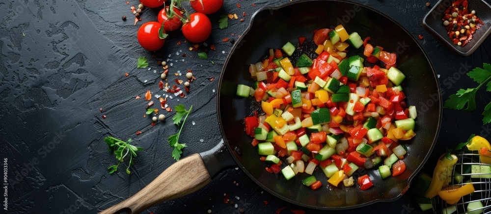 Poster sauteing chopped veggies in a skillet with copy space image