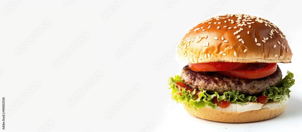 Poster Isolated in white a classic hamburger with copy space image