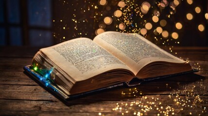 An open book sits on a wooden table, illuminated by soft, magical sparkles and fairy lights, creating a whimsical atmosphere.