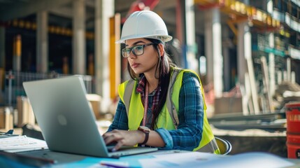Construction engineer is using a laptop while wearing a safety vest and helmet at a construction site