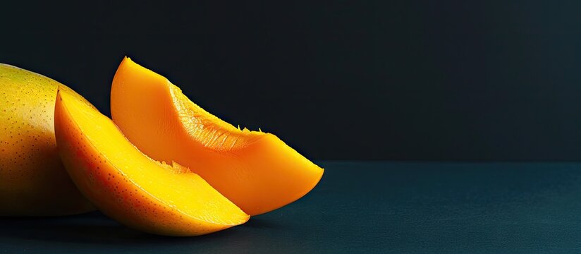 Slice a ripe half of a fresh yellow Banganapalli mango with a copy space image available