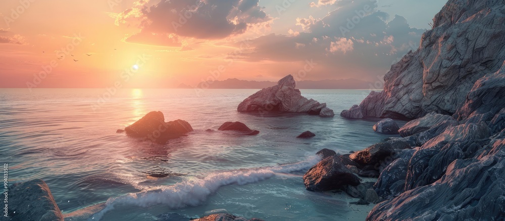 Poster scenic sunset view with sea and rocks in a natural composition ideal for copy space image