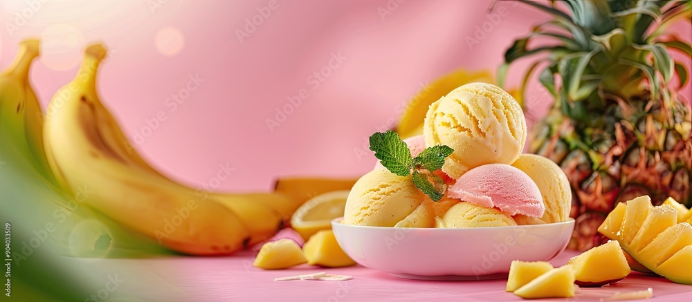 Poster healthy dessert featuring vegan banana ice cream with tropical fruits in the background all displaye