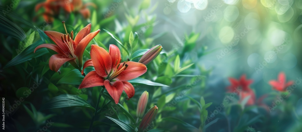 Poster red lilium dauricum blooming in a vibrant summer garden setting with ample copy space image
