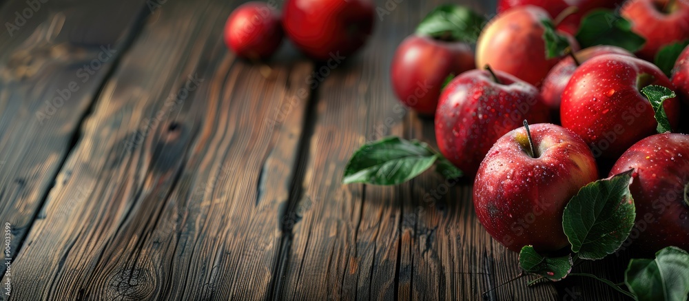 Poster Red ripe apples with leaves arranged on a wooden table with space for text or images. . image with copy space