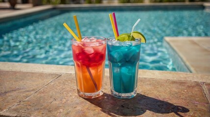 Two refreshing cocktails in vibrant colors by a sparkling pool.