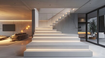Fototapeta premium Modern Minimalist Staircase Design with LED Lights and Concrete Walls, Featuring White Steps Illuminated in the Evening. The Warm Lighting Creates a Luxurious and Elegant Atmosphere.