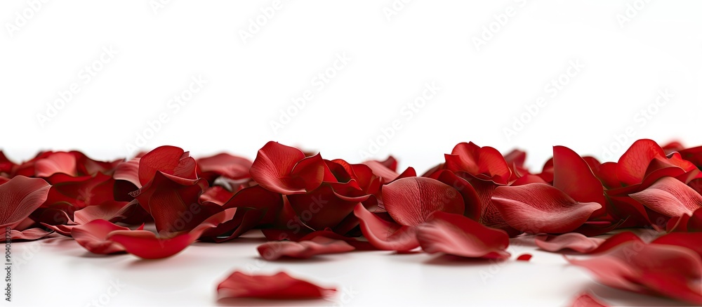 Poster red rose petals on a white backdrop create a stunning image with copy space perfect for a vibrant ro