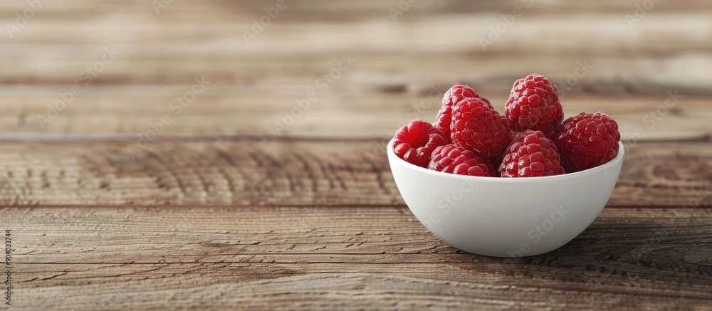Poster A white bowl containing a raspberry fruit placed on a wooden surface with empty space for additional images