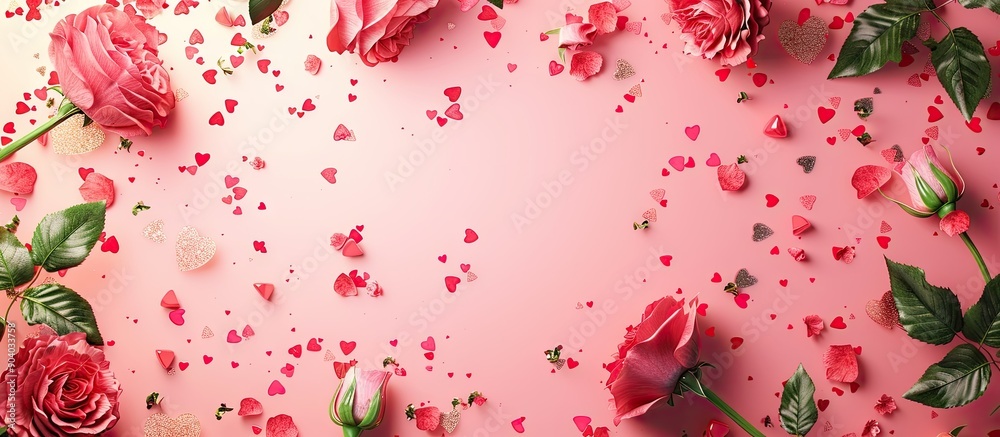 Poster Valentine s Day background with a frame composed of rose flowers and confetti on a pink backdrop ideal for featuring copy space image