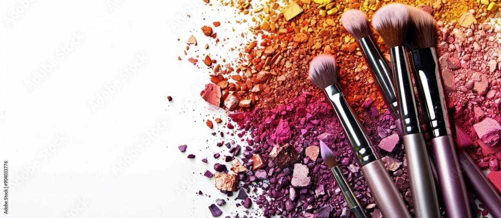 Poster Make up brushes and crushed eyeshadows arranged neatly on a white background creating a visually appealing copy space image