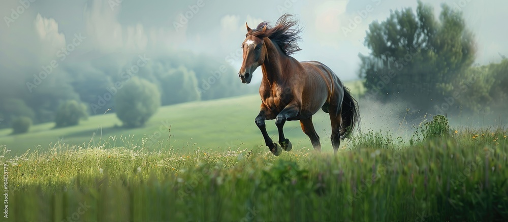 Poster beautiful horse galloping across a lush green field with copy space image
