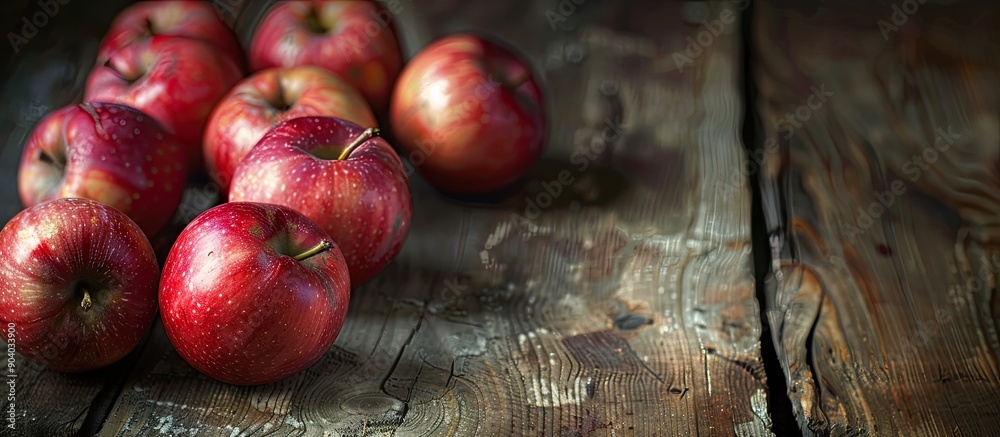 Poster Apples with a red hue arranged on a rustic wooden table with copy space image