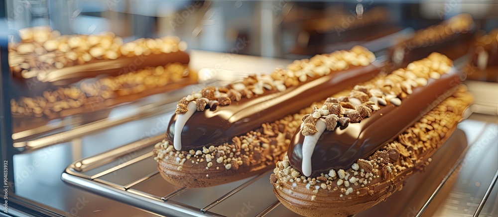 Poster Elegant chocolate and vanilla eclairs enticingly displayed in the pastry chef s window with appealing copy space image