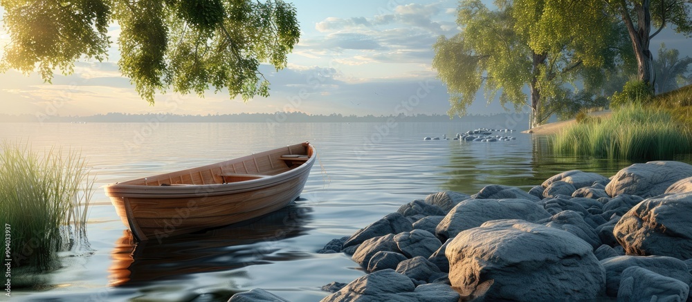 Aufkleber a boat is moored by the tranquil lakeside with plenty of serene surroundings providing a stunning vi