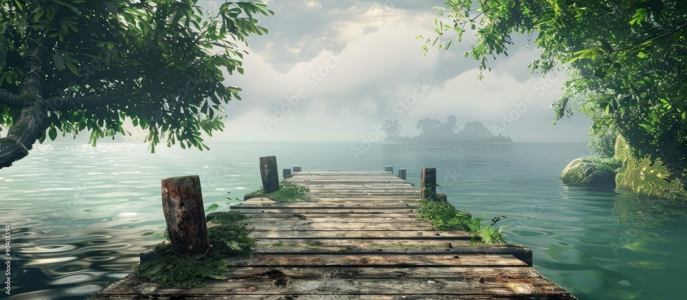 Poster weather worn dock set against a tranquil ocean with lush green hues ideal for a copy space image