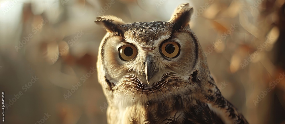 Poster owl pet in close up staring at camera against blurred brown backdrop with copy space image