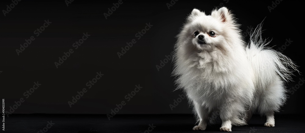 Poster White Pomeranian Spitz dog poses in front of a black background in a standing position presenting a fluffy and cute appearance with copy space image available