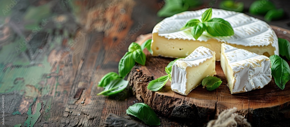 Poster closeup of delicious brie cheese with basil on a wooden board with copy space image