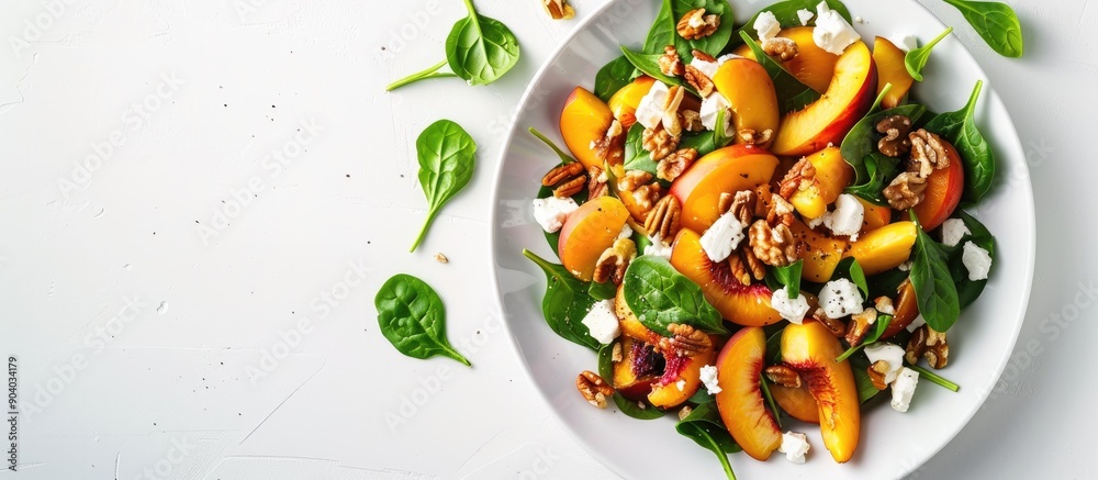 Poster vegetarian dish with spinach salad caramelized peaches walnuts and feta cheese shown in a copy space