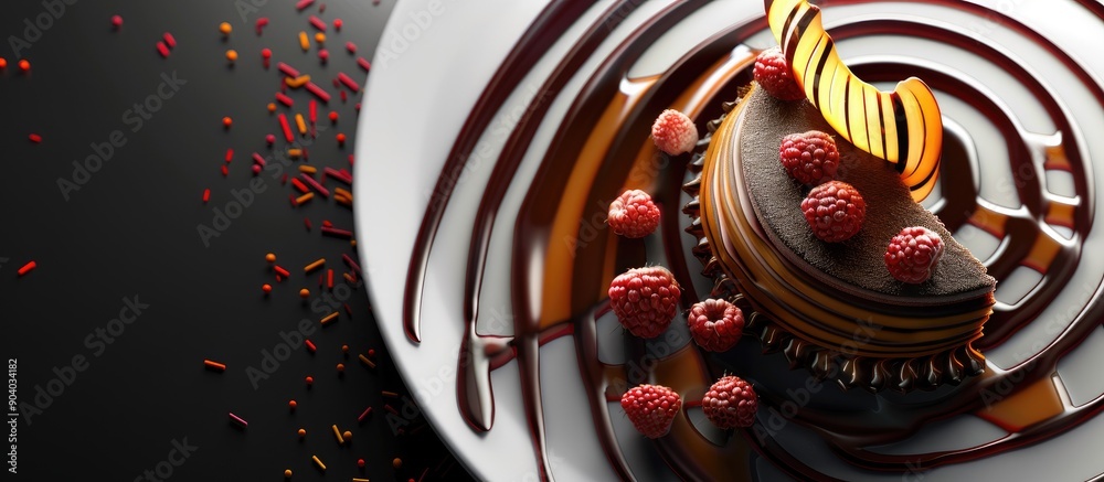 Poster delicious cake on a plate with a swirling design and copy space image