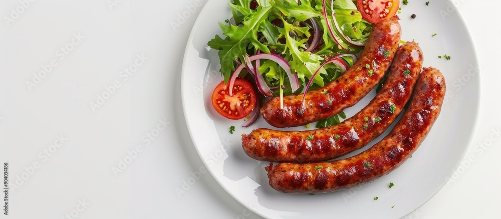 Poster sausage with salad served as an appetizer on a white plate with space available for copy in the imag
