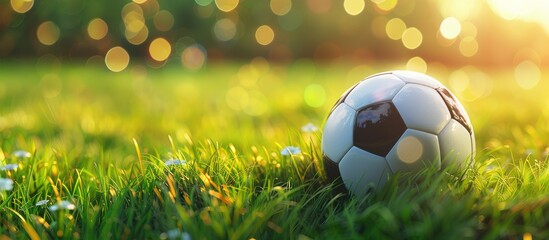 Fototapeta premium Soccer ball on grass field with abstract blurred lights backdrop ideal for copy space image