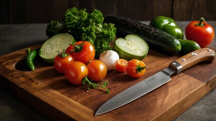 A wooden cutting board showcasing fresh vegetables, including tomatoes, cucumbers, lettuce, and bell peppers, alongside a sharp kitchen knife.