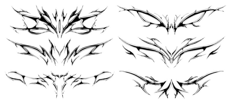 Neo tribal chrome set collection. Symmetrical sigilism clip art. Gothic black and white illustration element for fashion clothing, tattoos, poster