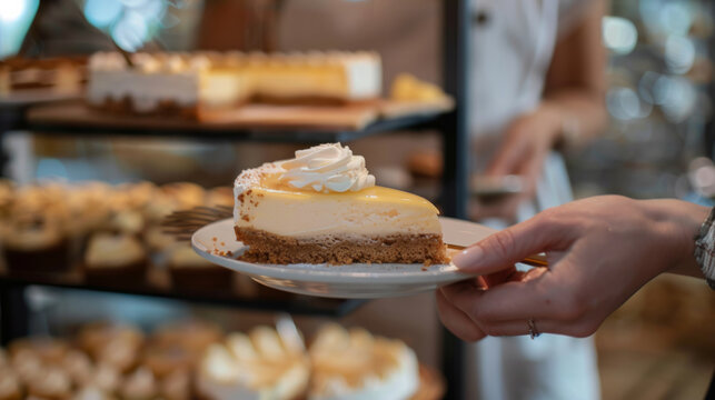 Baker serving delicious slice of cheesecake to happy customer in busy bakery