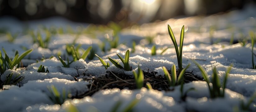 During the initial days of warmth fresh shoots emerge from the soil beside patches of unmelted snow creating an intriguing juxtaposition in this copy space image