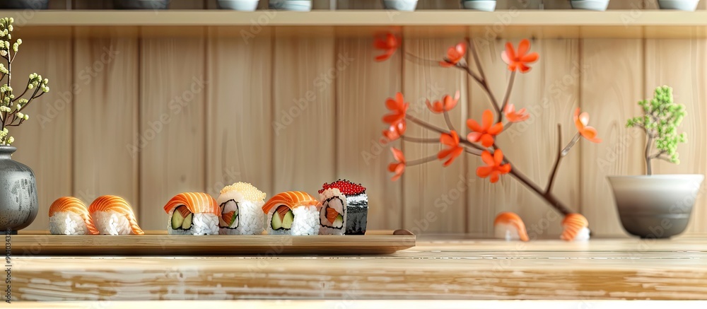 Aufkleber various types of sushi displayed in a copy space image