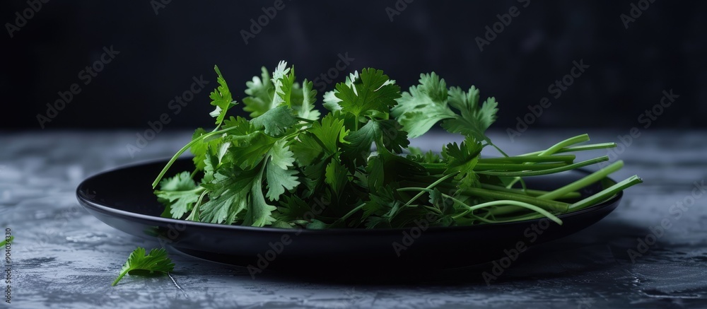 Poster coriander displayed on a black plate with abundant copy space image