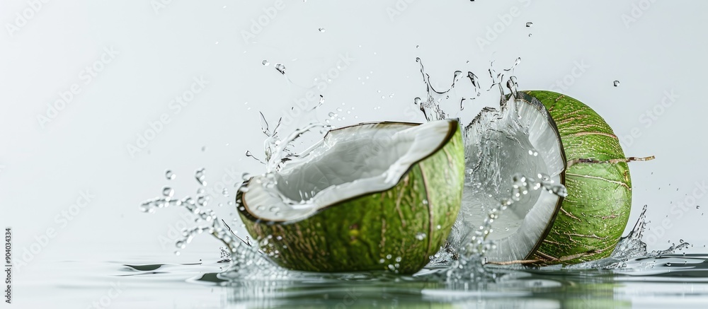 Poster fresh coconut water in nut on white background suitable as a copy space image