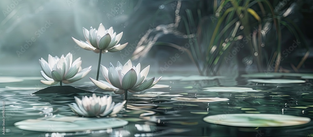 Poster white lotuses blooming in a serene pond with copy space image