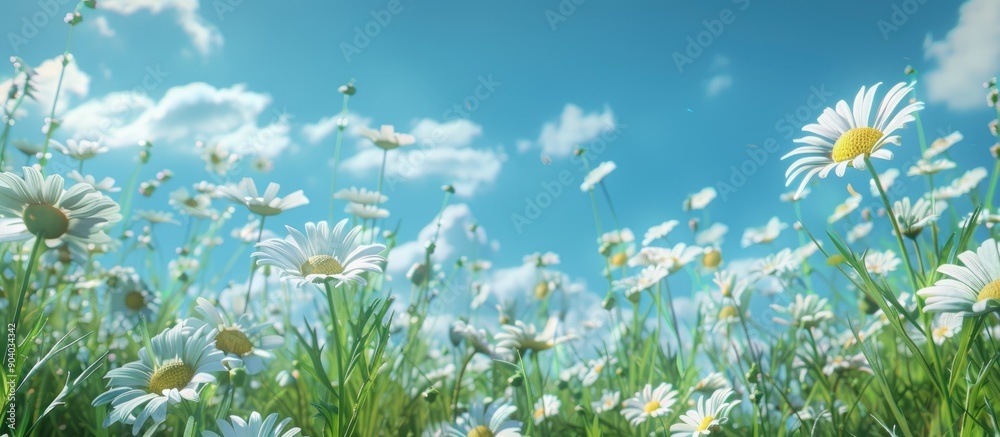 Poster Scenic summer meadow with various wild daisies under a blue sky creating a magical nature background in a frame with soft selective focus ideal for a copy space image