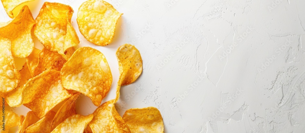 Poster Potato chips displayed on a white backdrop with empty space for adding text or images. . image with copy space