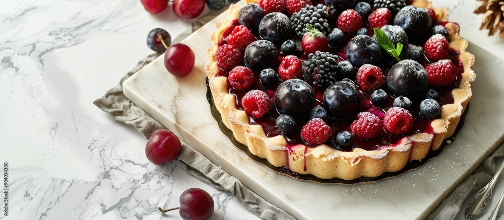 Poster a homemade holiday cake with blackberries and plums on a square tray set on a white marble table in 