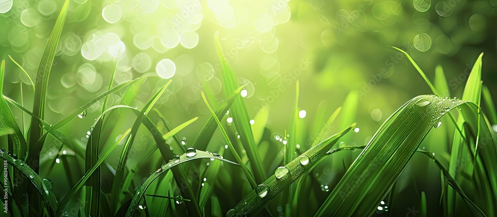 Poster Grass with dew drops creating a serene scene in a copy space image