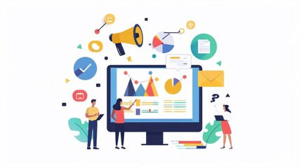 A computer monitor displays a colorful image of people working on a project