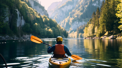 Man in a kayak, canoe, or boat kayaking with a paddle in the clear water of a river or lake at the base of a mountain, in a canyon with a beautiful natural landscape, sports activities in nature