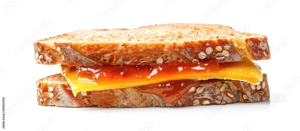 Poster delicious sandwich with brie cheese and apricot jam set against a white background with ample copy s