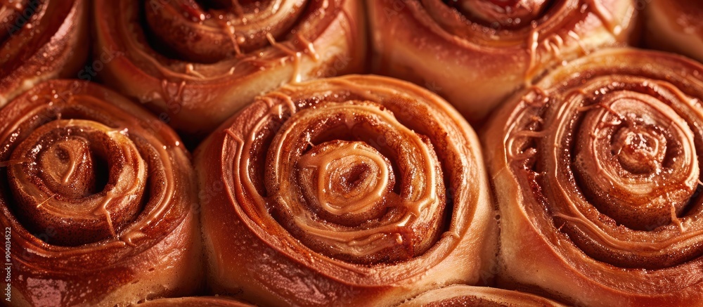 Poster freshly baked cinnamon rolls with a golden brown hue arranged on a baking sheet with copy space imag