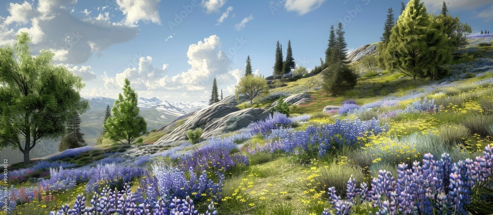 Poster A scenic landscape featuring blooming lupines on a hilly terrain with trees in the backdrop ideal for copy space image