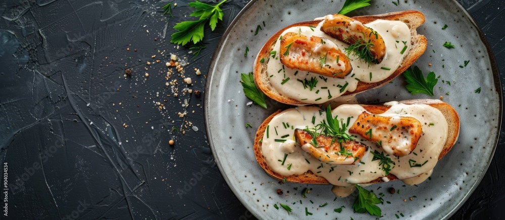 Poster delicious dish of cooked rabbit foot in white sauce served on toast with copy space image