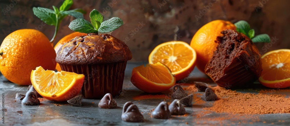 Poster a delicious arrangement featuring a chocolate muffin and vibrant oranges showcased in a captivating 